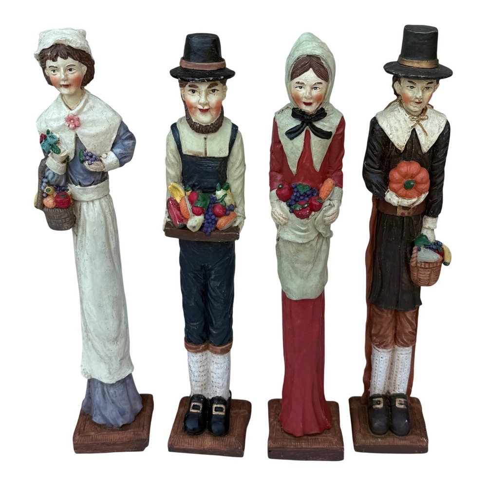 Vintage Style Thanksgiving Pilgrim Figurines Set of 4 Tall Resin Fall Decor 12in